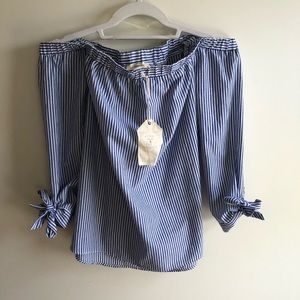 Entro off shoulder blouse, blue and white stripe
